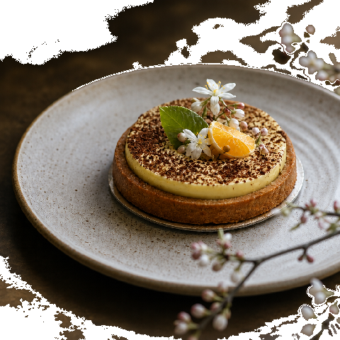 Artisan orange blossom tart on a ceramic plate